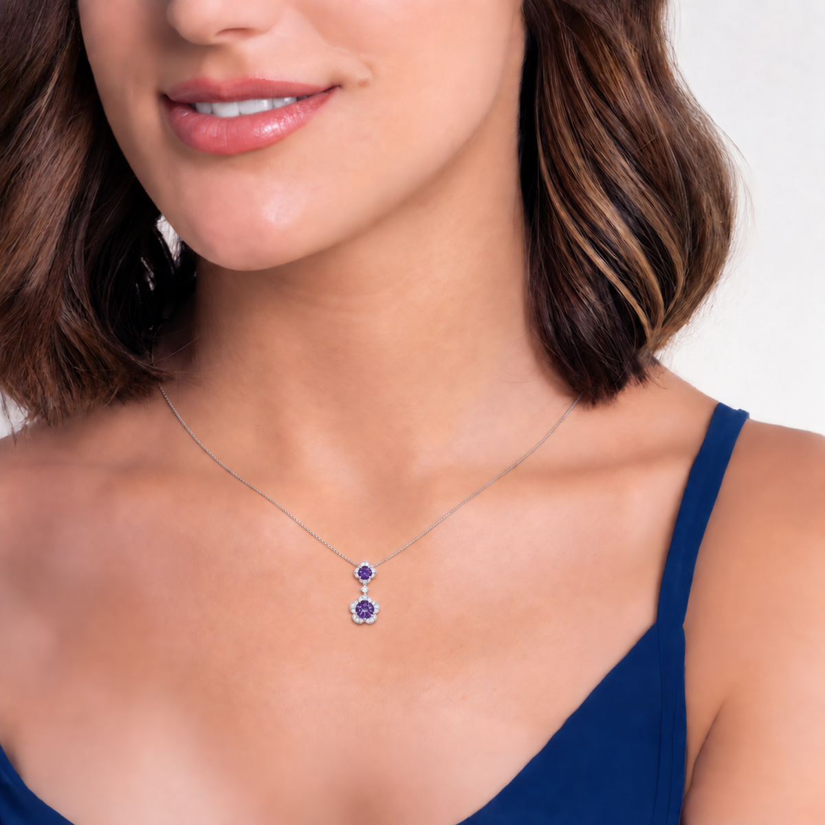 Sterling Silver Genuine Amethyst or Lab Created Opal & White Sapphire Flower Pendant Necklace