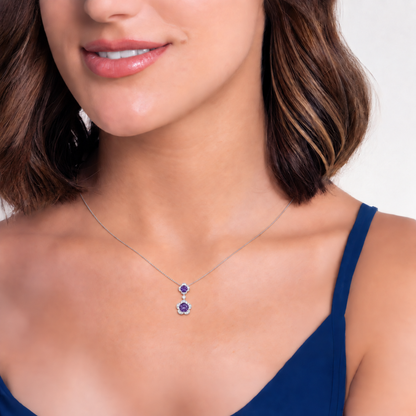 Sterling Silver Genuine Amethyst or Lab Created Opal & White Sapphire Flower Pendant Necklace