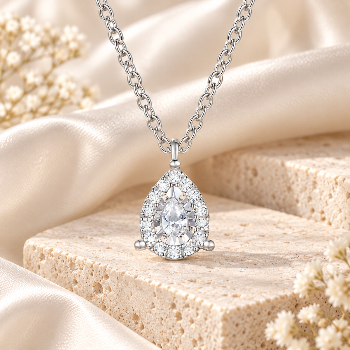 Sterling Silver 1/4 ct tw Diamond Miracle Plate Pear Shape Pendant with 18" Chain (I-I2)