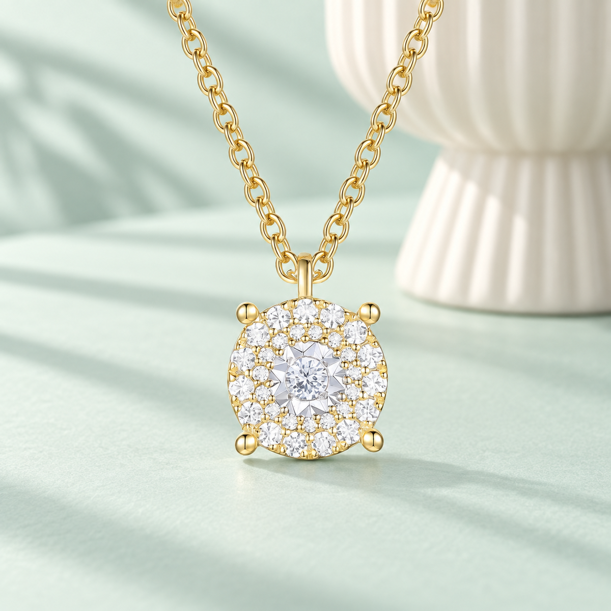 14K Yellow Gold over Sterling Silver 1/4 ct tw Diamond Miracle Plate Round Shape Pendant with 18" Chain (I-I2)