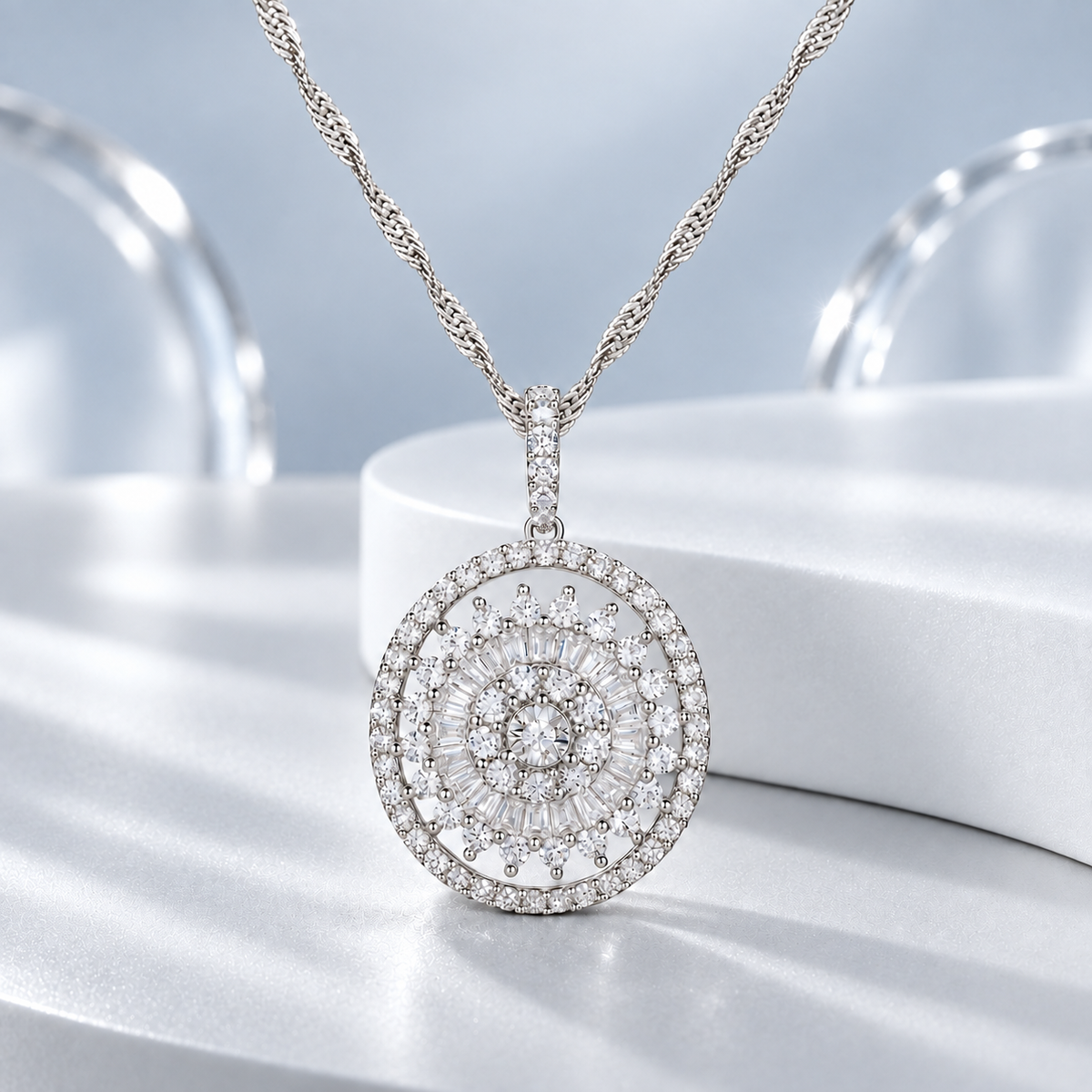 10K White Gold 1/2 ct tw Round and Baguette Diamond Oval Halo Pendant with 18" Chain (I-I2)