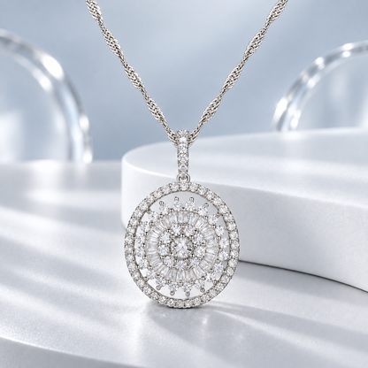 10K White Gold 1/2 ct tw Round and Baguette Diamond Oval Halo Pendant with 18" Chain (I-I2)