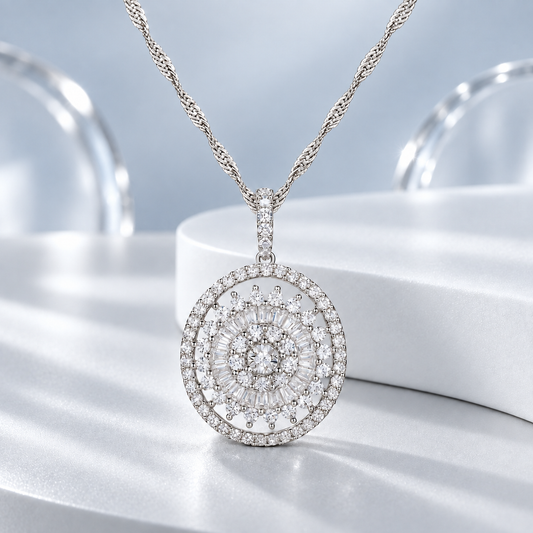 10K White Gold 1/2 ct tw Round and Baguette Diamond Oval Halo Pendant with 18" Chain (I-I2)