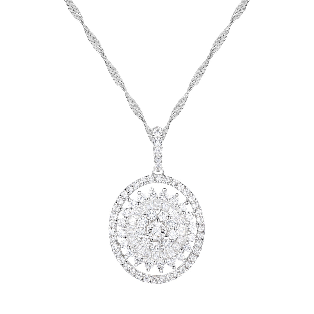 10K White Gold 1/2 ct tw Round and Baguette Diamond Oval Halo Pendant with 18" Chain (I-I2)