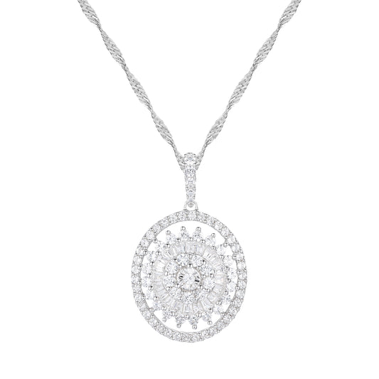 10K White Gold 1/2 ct tw Round and Baguette Diamond Oval Halo Pendant with 18" Chain (I-I2)