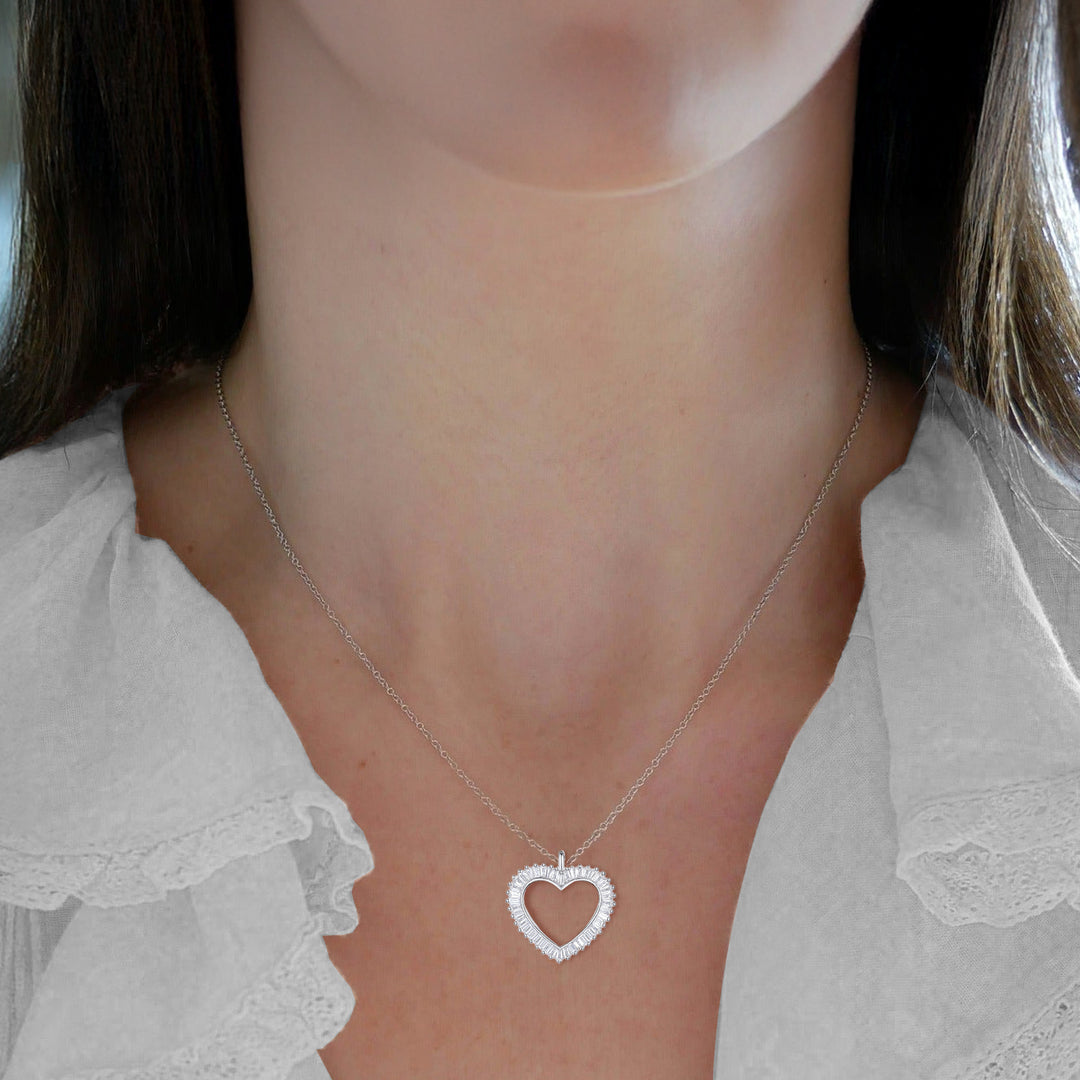 Open Heart Baguette Cut White Natural Diamond Necklace In Sterling Silver and Yellow Gold Plated 1/3 CTTW  I - I2