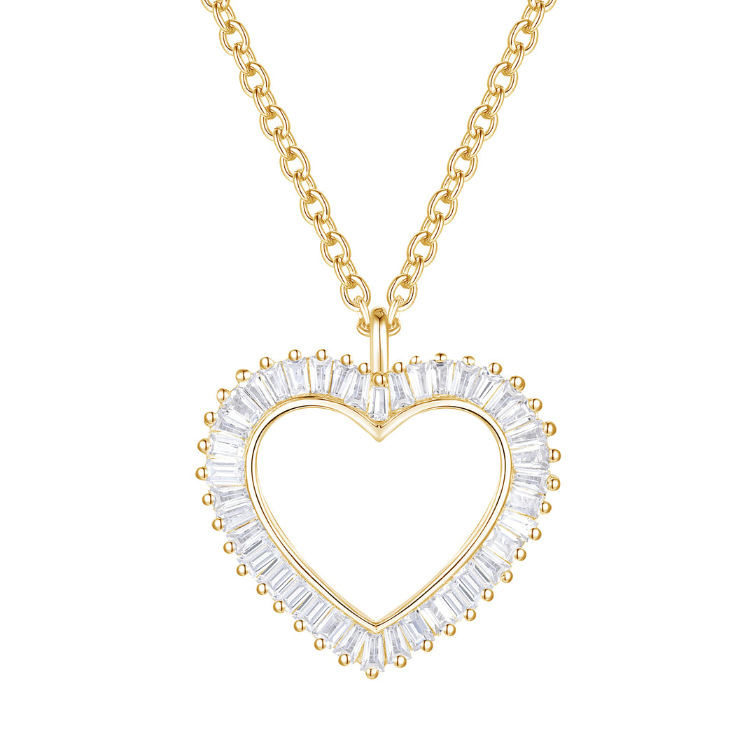 Open Heart Baguette Cut White Natural Diamond Necklace In Sterling Silver and Yellow Gold Plated 1/3 CTTW  I - I2