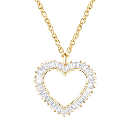 Open Heart Baguette Cut White Natural Diamond Necklace In Sterling Silver and Yellow Gold Plated 1/3 CTTW  I - I2