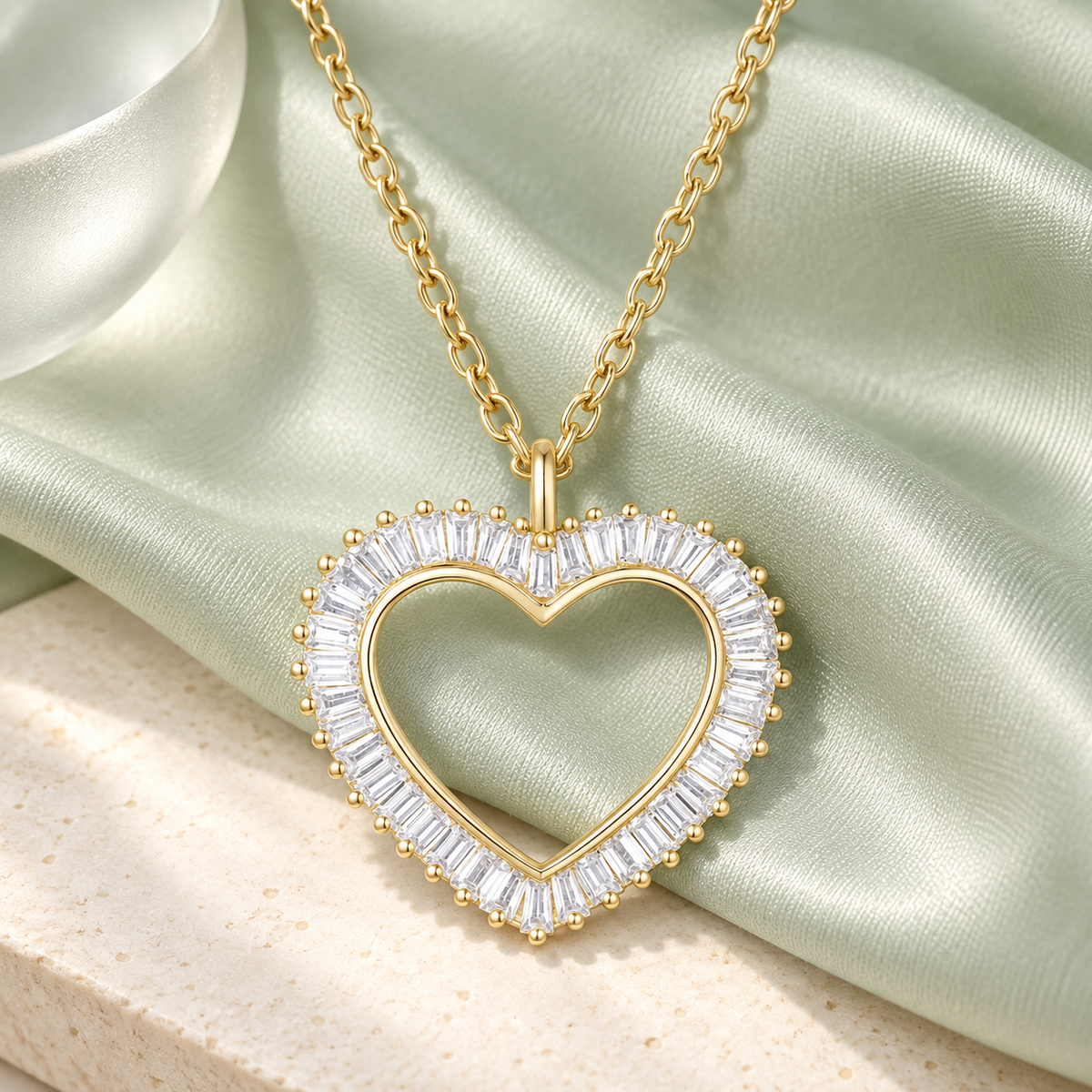 Open Heart Baguette Cut White Natural Diamond Necklace In Sterling Silver and Yellow Gold Plated 1/3 CTTW  I - I2