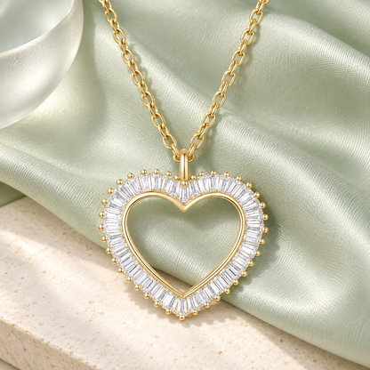 Open Heart Baguette Cut White Natural Diamond Necklace In Sterling Silver and Yellow Gold Plated 1/3 CTTW  I - I2