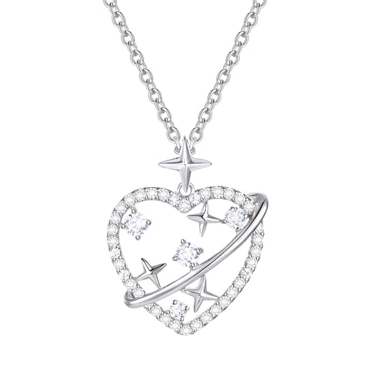 Heart Pendant Necklace Sterling Silver Love Heart Lab Grown Diamond F-G /VS1 VS2 Heart & Star Necklace 1/3 CTTW F-G / VS1 VS2