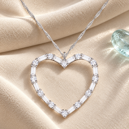 Natural Diamonds Heart Necklace, 10KT White Gold or Yellow Gold , 1/2CTTW Round and Baguette I - I2