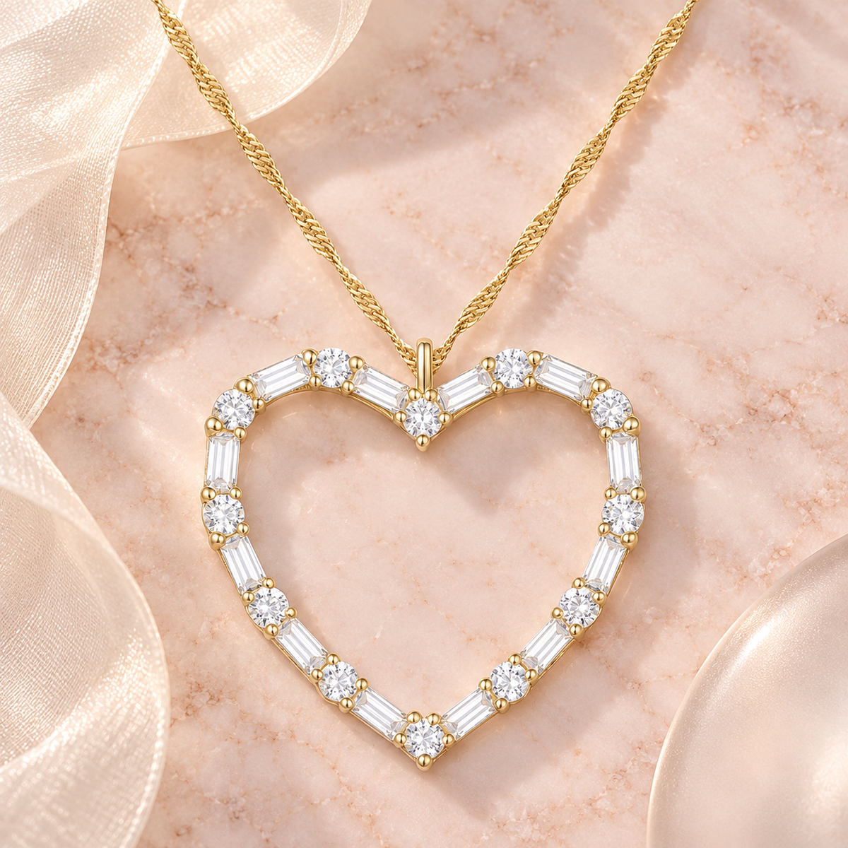 Natural Diamonds Heart Necklace, 10KT White Gold or Yellow Gold , 1/2CTTW Round and Baguette I - I2