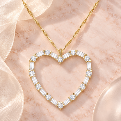 Natural Diamonds Heart Necklace, 10KT White Gold or Yellow Gold , 1/2CTTW Round and Baguette I - I2