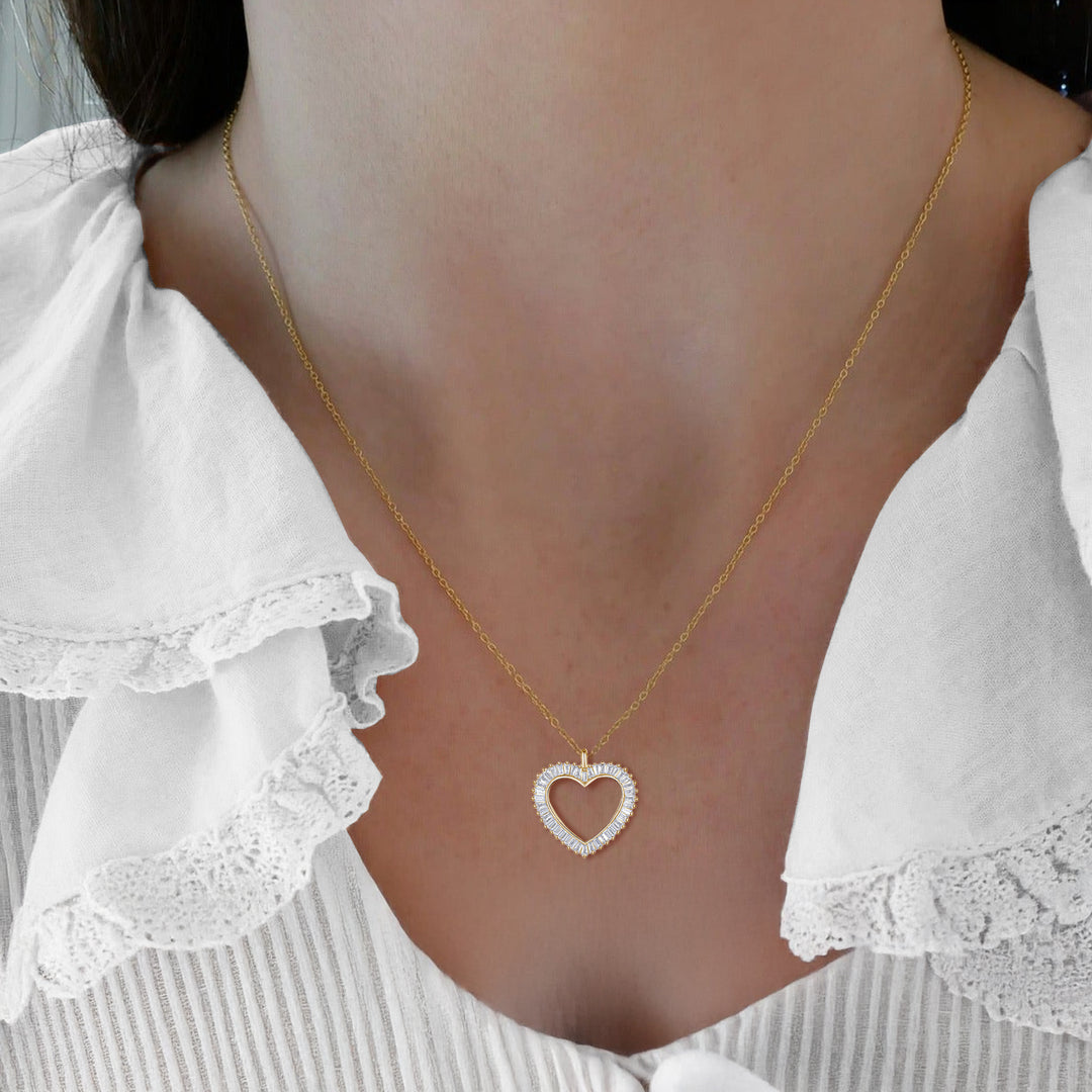 Open Heart Baguette Cut White Natural Diamond Necklace In Sterling Silver and Yellow Gold Plated 1/3 CTTW  I - I2