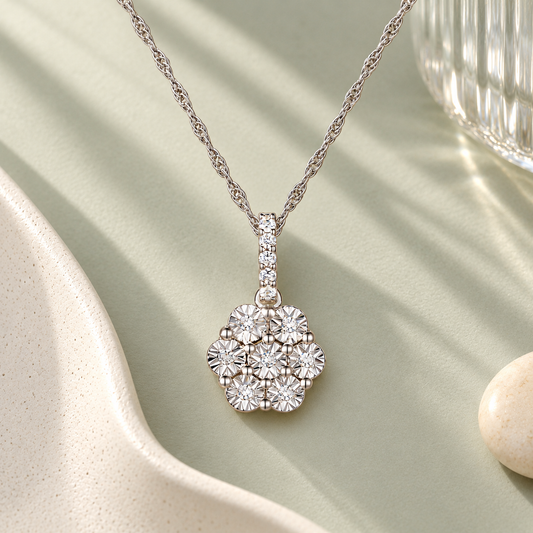 Sterling Silver 1/10 ct tw Diamond Flower Pendant with-18" Chain