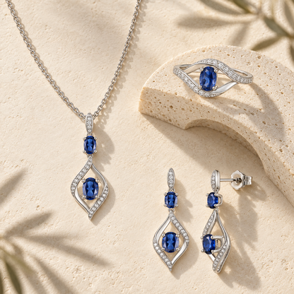 Sterling Silver Lab Created Blue Sapphire and White Sapphire Bypass 3-piece Set
