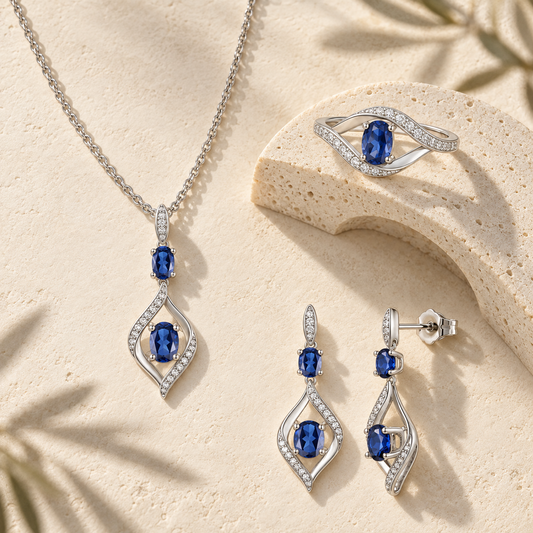 Sterling Silver Lab Created Blue Sapphire and White Sapphire Bypass 3-piece Set
