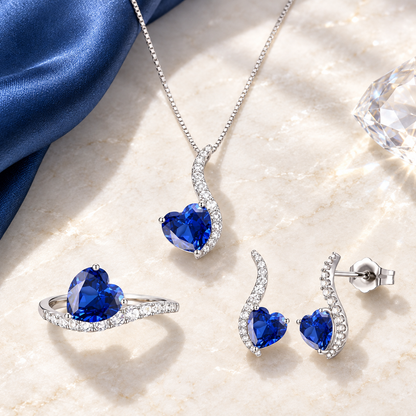 Sterling Silver Lab Created Blue, Pink, and White Sapphire 3-piece Wave Heart Set