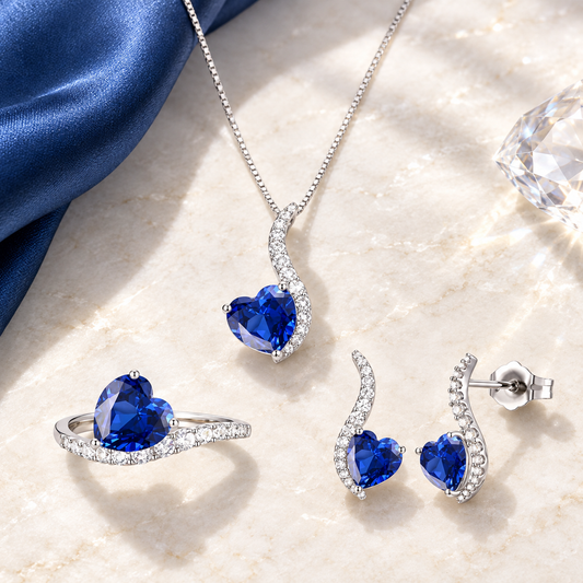 Sterling Silver Lab Created Blue, Pink, and White Sapphire 3-piece Wave Heart Set