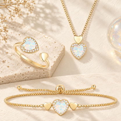 Lab Created Pink Sapphire in Sterling Silver or Lab Created Opal in 14K Gold Plated Silver 3-piece Heart Set
