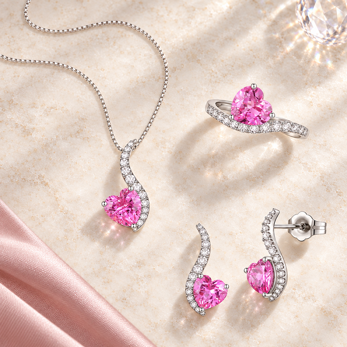 Sterling Silver Lab Created Blue, Pink, and White Sapphire 3-piece Wave Heart Set