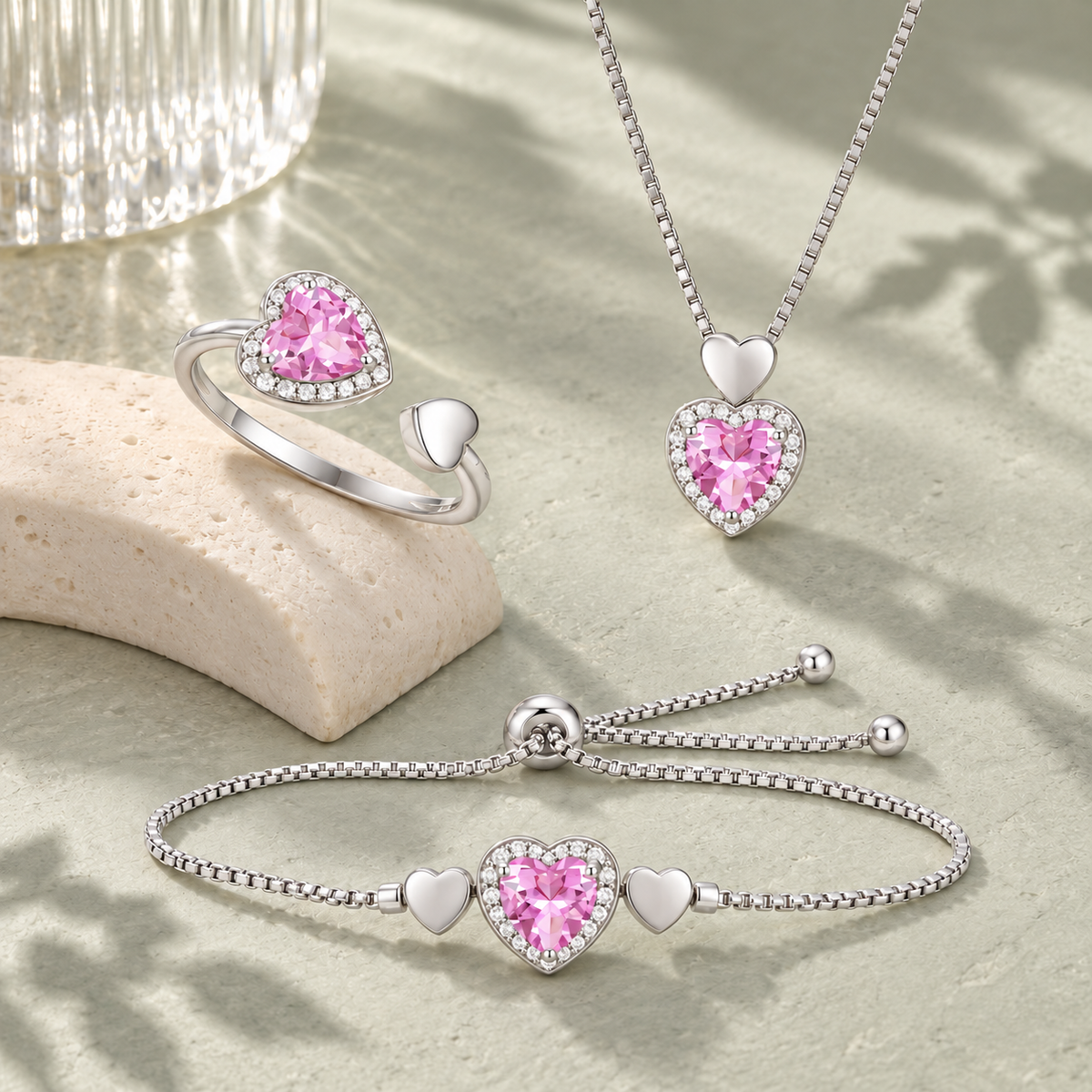 Lab Created Pink Sapphire in Sterling Silver or Lab Created Opal in 14K Gold Plated Silver 3-piece Heart Set