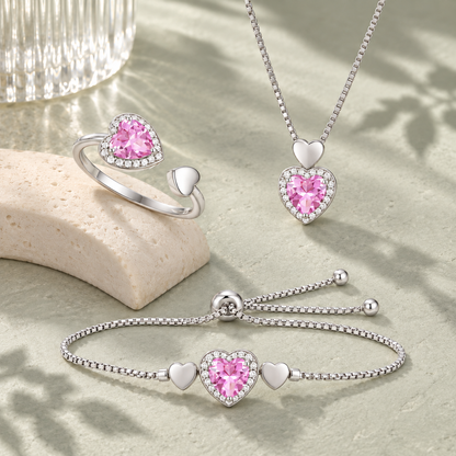 Lab Created Pink Sapphire in Sterling Silver or Lab Created Opal in 14K Gold Plated Silver 3-piece Heart Set