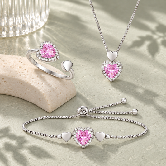 Lab Created Pink Sapphire in Sterling Silver or Lab Created Opal in 14K Gold Plated Silver 3-piece Heart Set