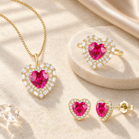 Lab Created Ruby and White Sapphire in 14K Yellow Gold Over Sterling Silver  3-piece Heart Set