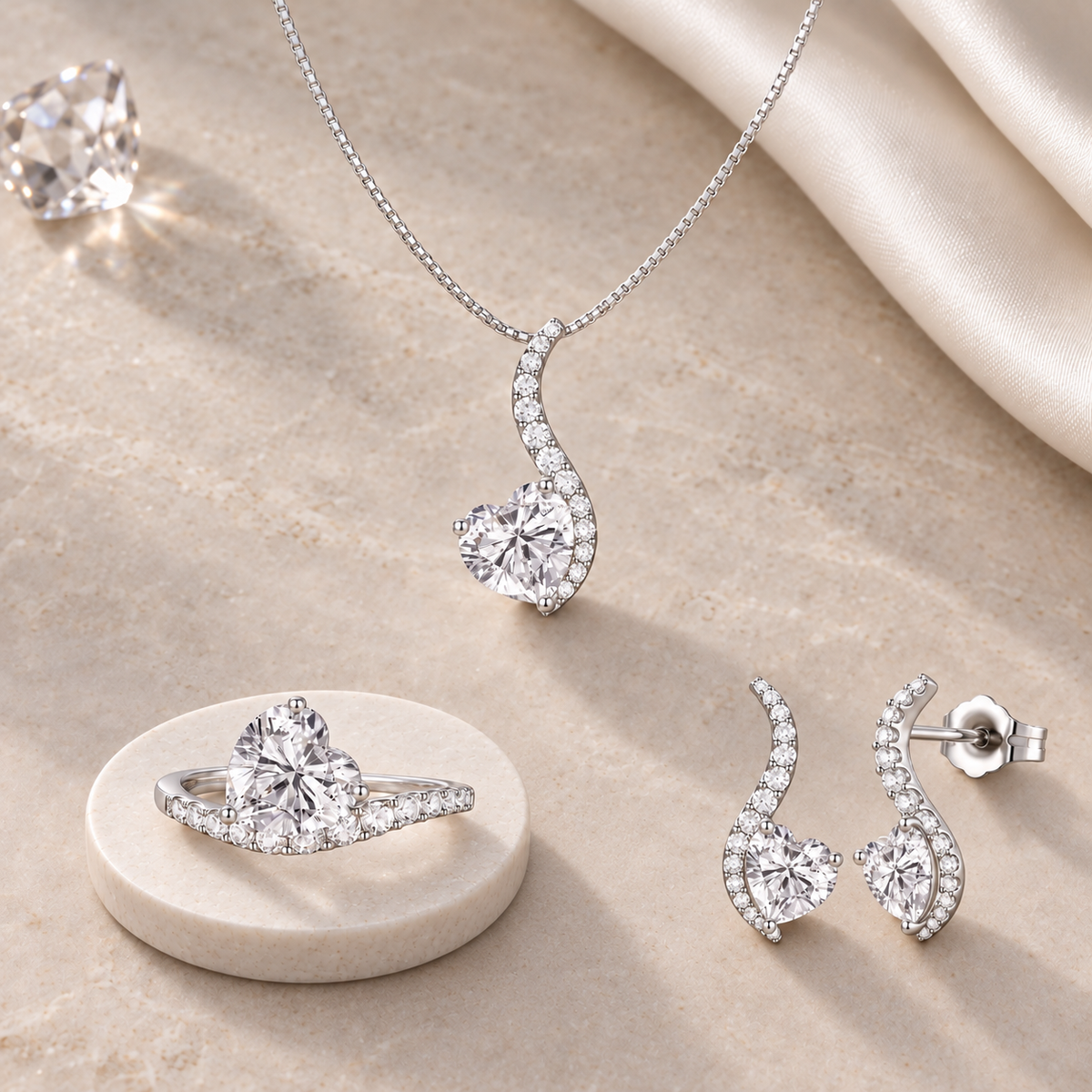 Sterling Silver Lab Created Blue, Pink, and White Sapphire 3-piece Wave Heart Set