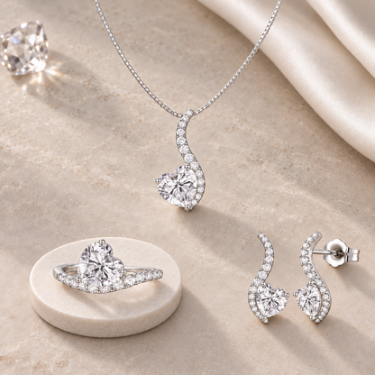 Sterling Silver Lab Created Blue, Pink, and White Sapphire 3-piece Wave Heart Set
