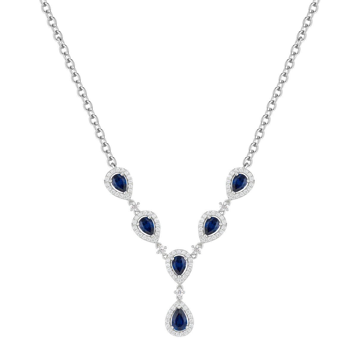 Sterling Silver Lab Created Blue & White Sapphire Gemstone 18 Inch Necklace