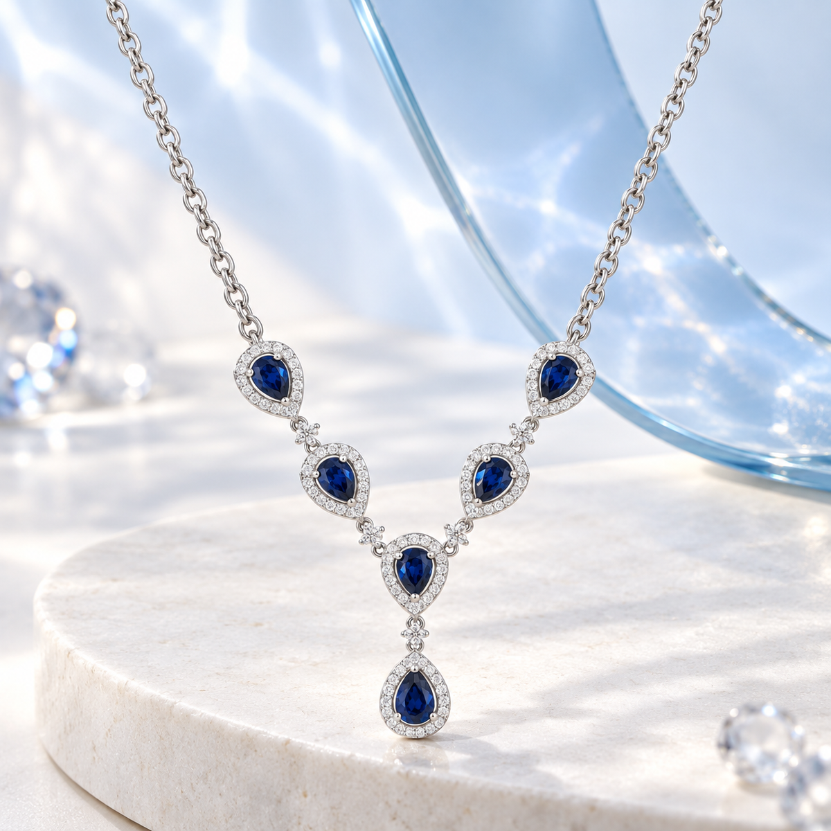 Sterling Silver Lab Created Blue & White Sapphire Gemstone 18 Inch Necklace