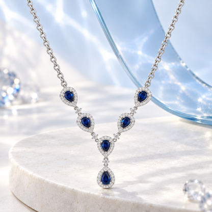Sterling Silver Lab Created Blue & White Sapphire Gemstone 18 Inch Necklace