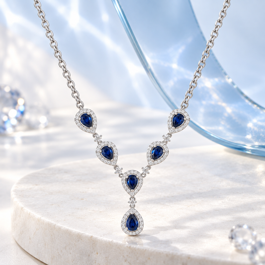 Sterling Silver Lab Created Blue & White Sapphire Gemstone 18 Inch Necklace