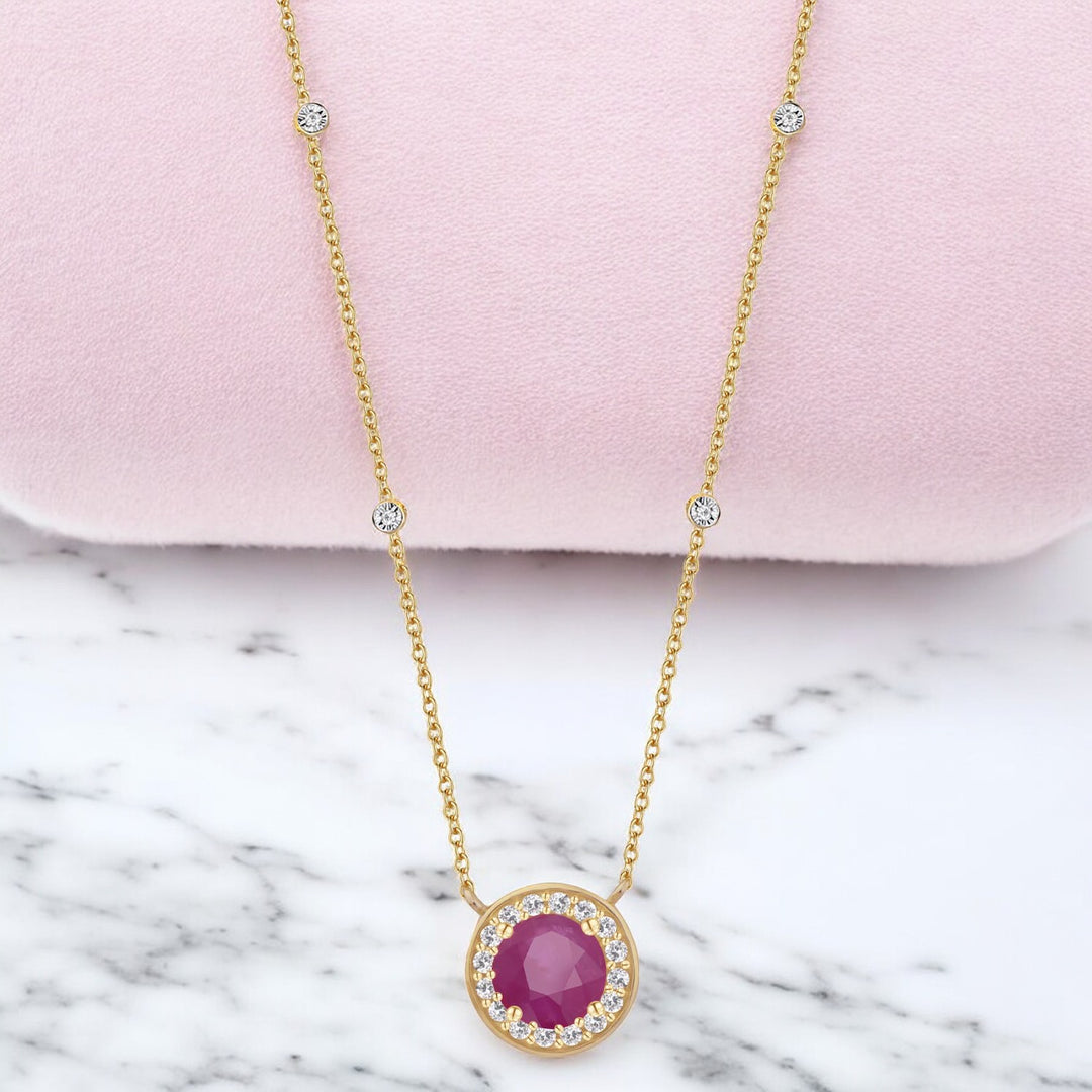 10K Genuine Gemstone & 1/10 ct tw Diamond Station Necklace 17"