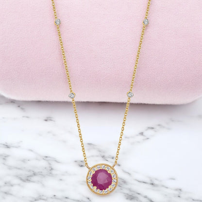 10K Genuine Gemstone & 1/10 ct tw Diamond Station Necklace 17"