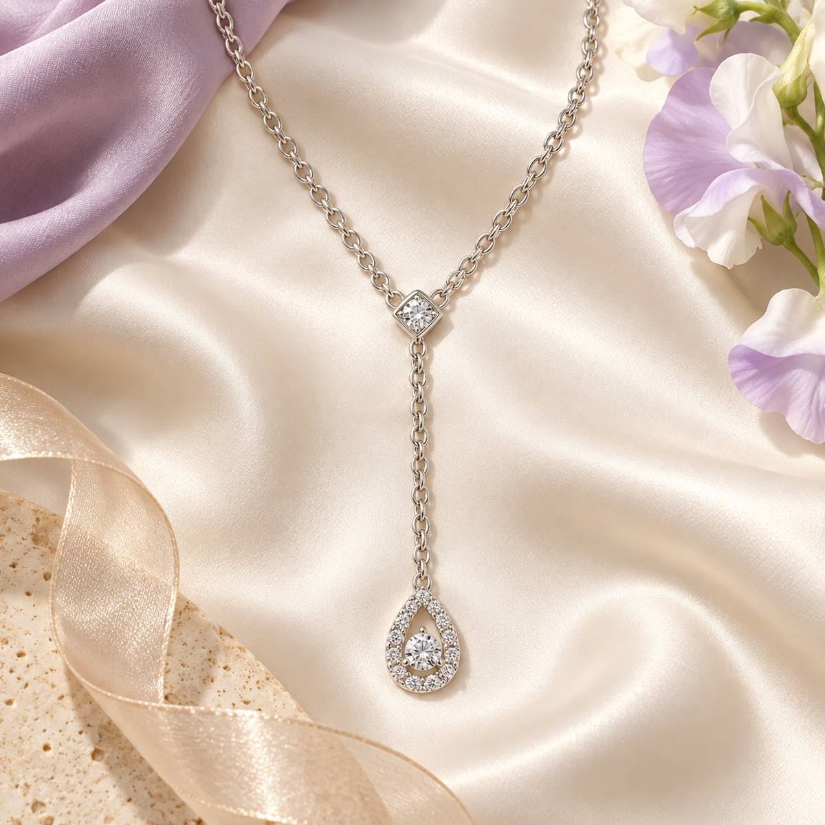 10K White Gold 1/5 ct tw Diamond Y Pear Drop Necklace 18"