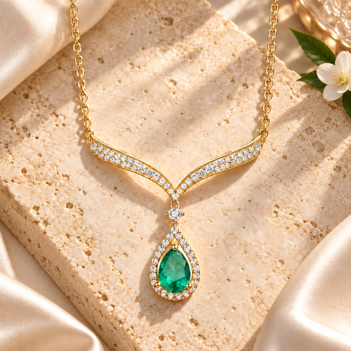 10K Genuine Emerald & 1/3 ct tw Diamond Pear Drop Necklace 18" - view 2