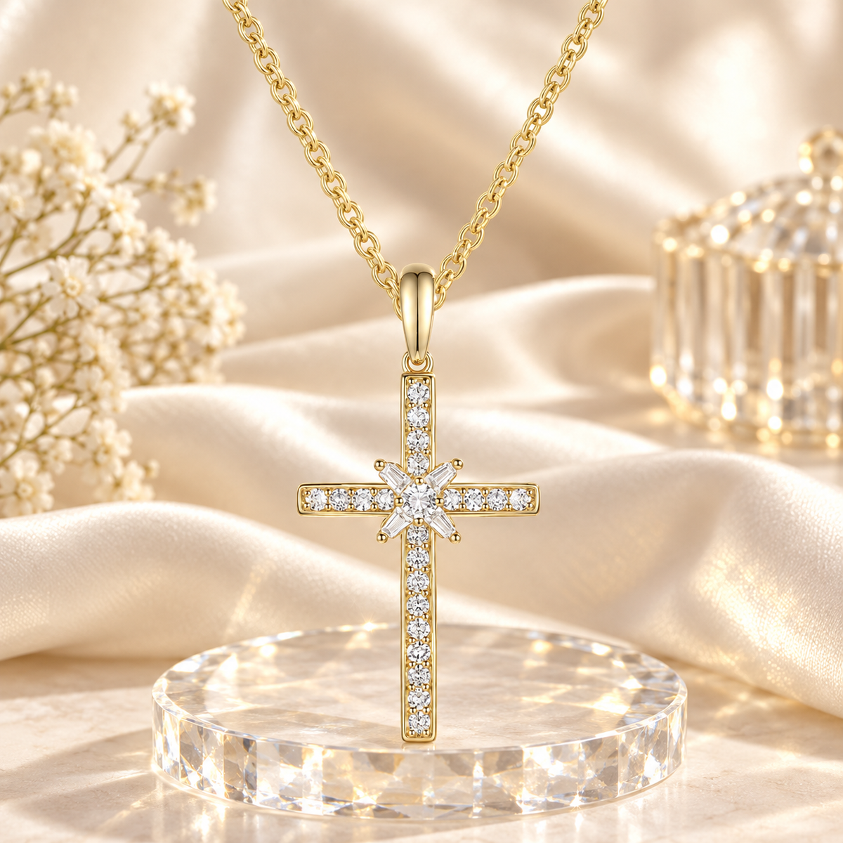 14K Yellow Gold over Sterling Silver 1/4 ct tw Diamond Cross Pendant with 18" Chain (I-I2)