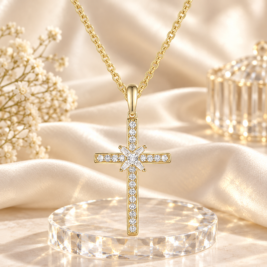 14K Yellow Gold over Sterling Silver 1/4 ct tw Diamond Cross Pendant with 18" Chain (I-I2)