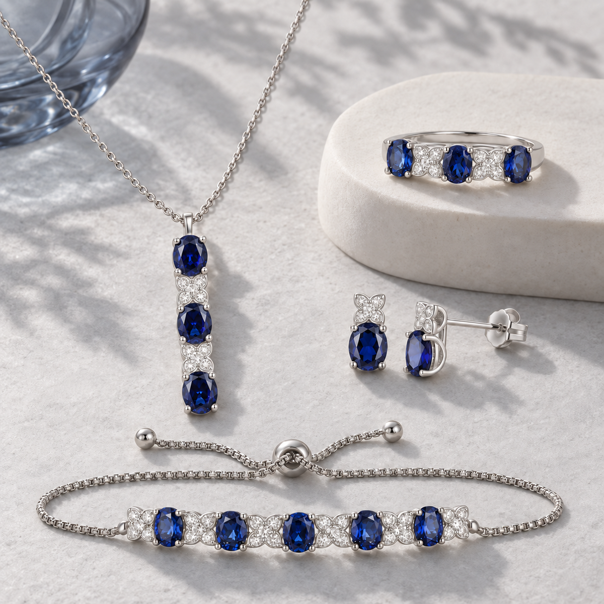Lab Created Blue Sapphire or Lab Created Emerald in Sterling Silver or Lab Created Ruby in 14K Gold Plated Silver 4-piece Set