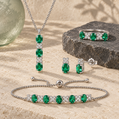 Lab Created Blue Sapphire or Lab Created Emerald in Sterling Silver or Lab Created Ruby in 14K Gold Plated Silver 4-piece Set