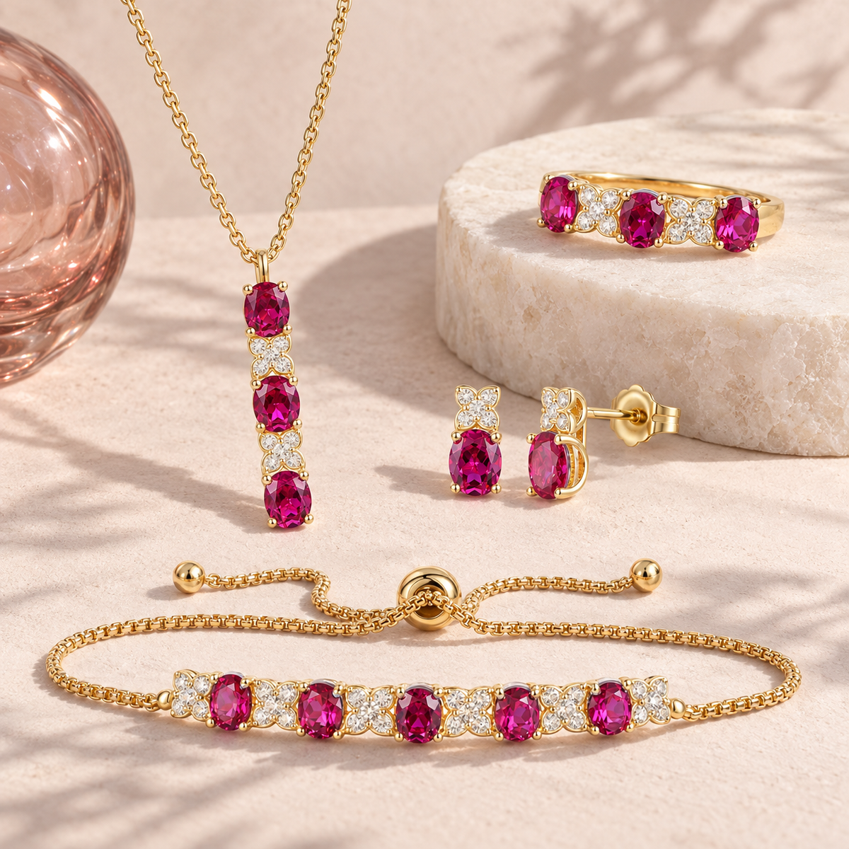 Lab Created Blue Sapphire or Lab Created Emerald in Sterling Silver or Lab Created Ruby in 14K Gold Plated Silver 4-piece Set