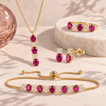 Lab Created Blue Sapphire or Lab Created Emerald in Sterling Silver or Lab Created Ruby in 14K Gold Plated Silver 4-piece Set