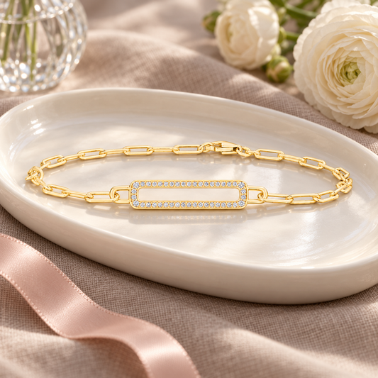 14K Yellow Gold Over Silver 1/6 ct tw Diamond Paperclip Chain Bracelet 7 1/4"