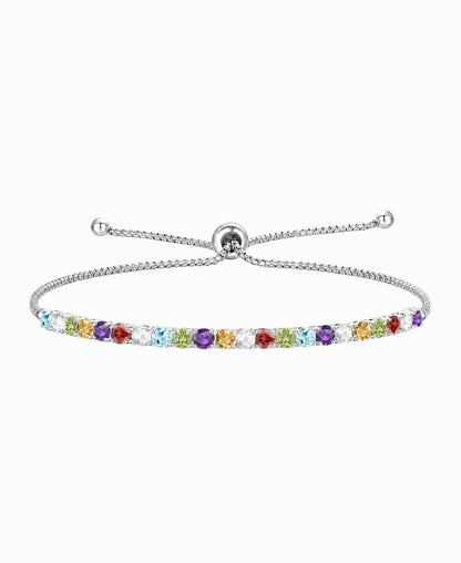 Sterling Silver Alternating Genuine Gemstone Adjustable Bolo Bracelet