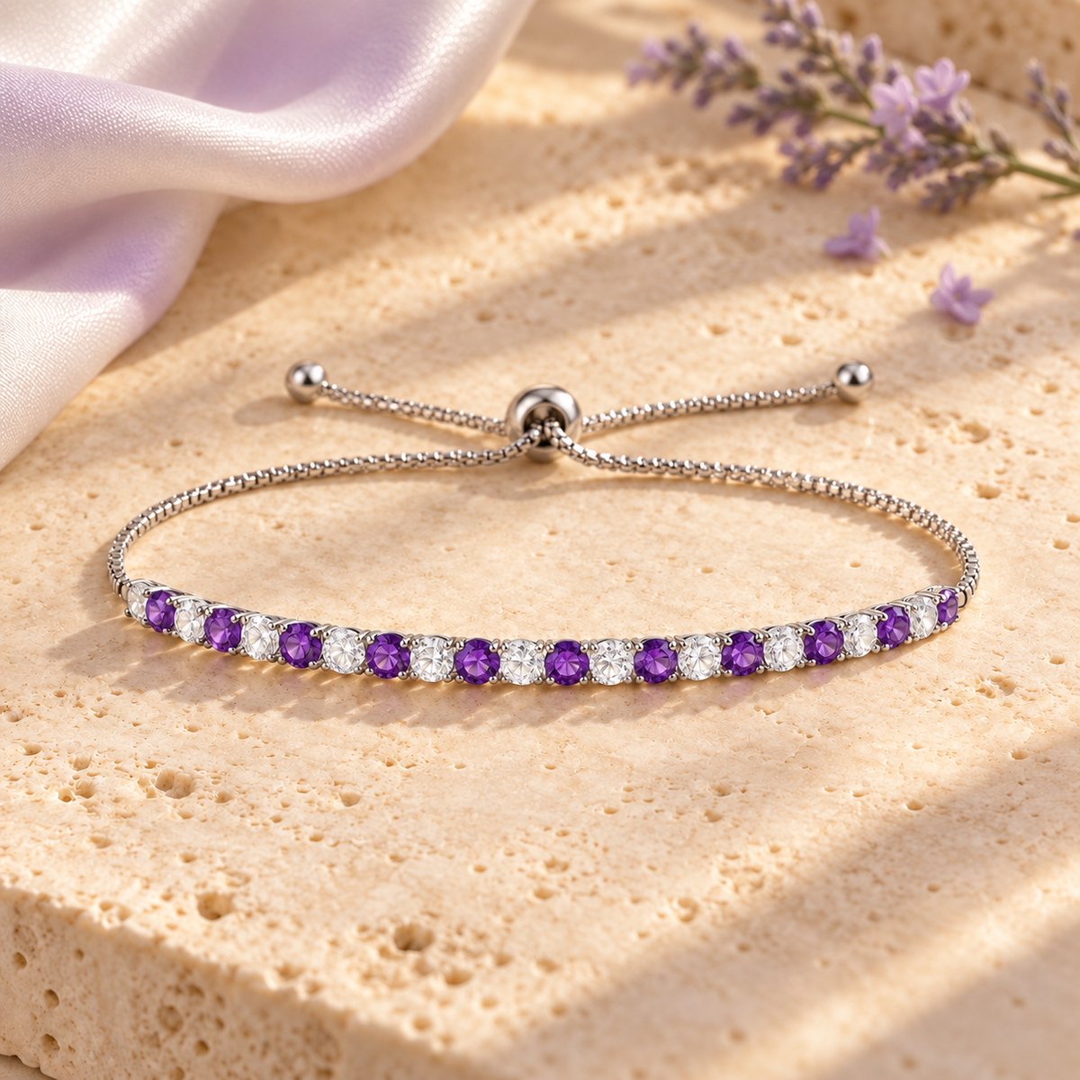 Sterling Silver Alternating Genuine Gemstone Adjustable Bolo Bracelet - view 2