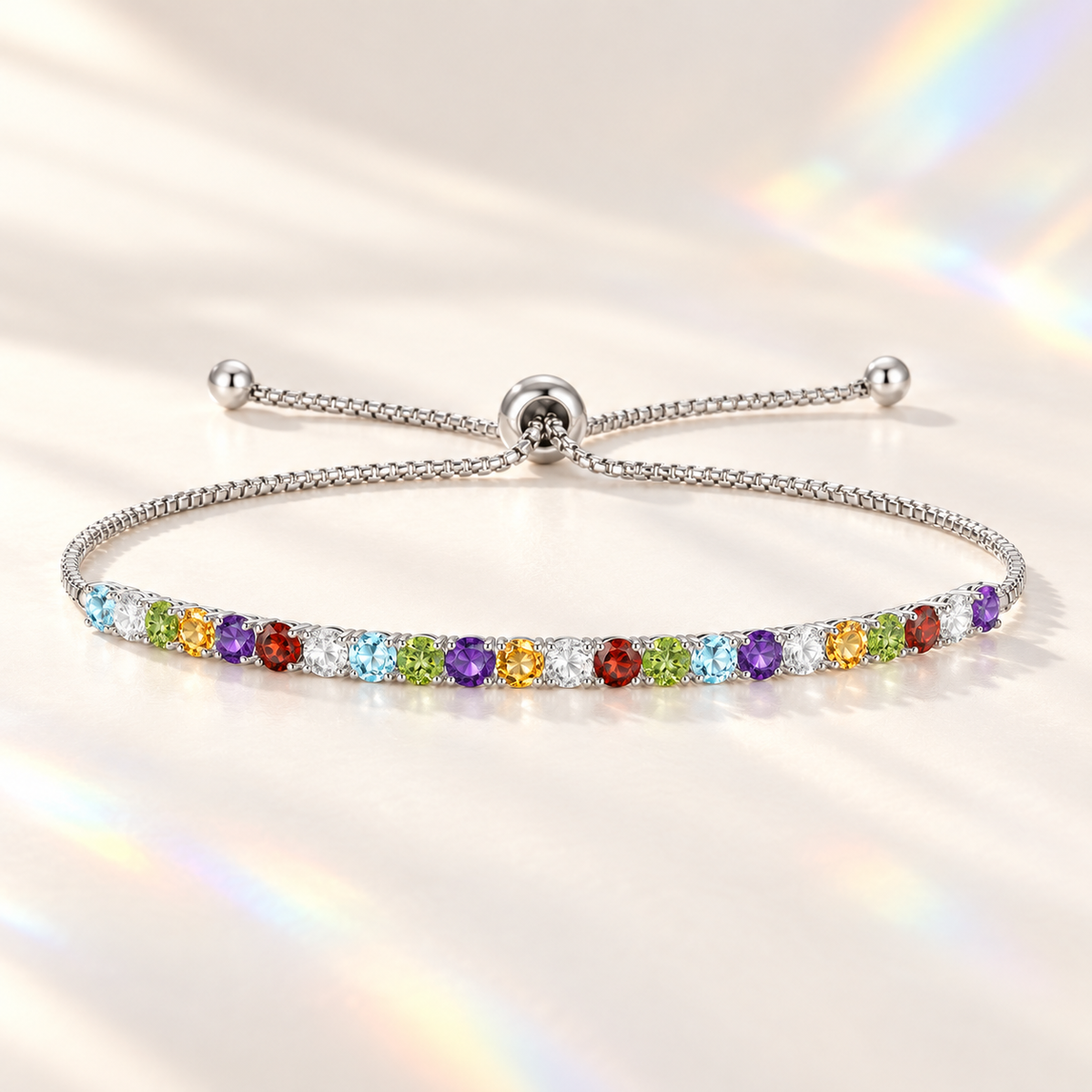 Sterling Silver Alternating Genuine Gemstone Adjustable Bolo Bracelet